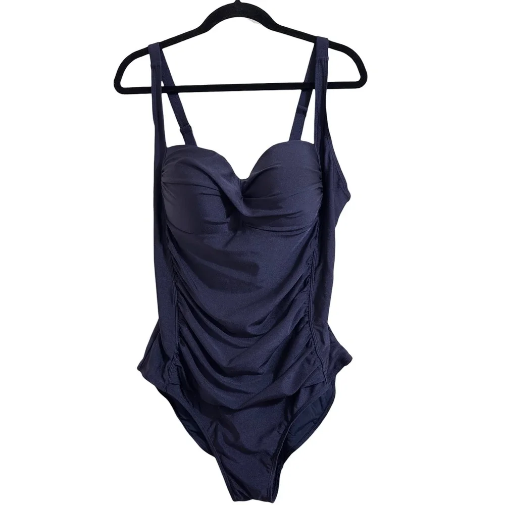 Betsey Johnson Women Plus Size 2X Navy Blue Ruched One Piece Swimsuit Sweetheart
